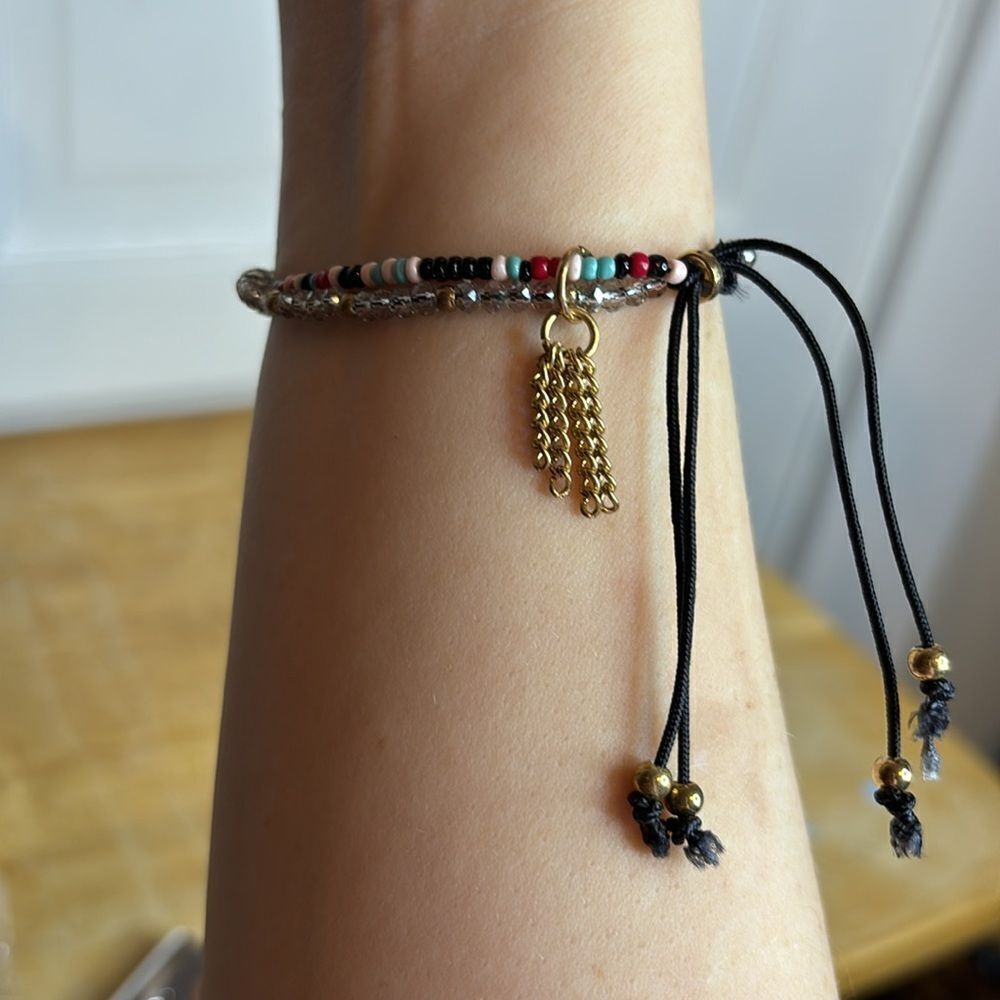 Small black leather beaded adjustable bracelet with dangle chain charm